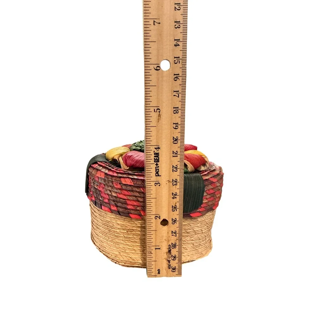 Vintage Woven Straw Trinket Box Floral‎ Lid Round 4 Inch Boho Decor